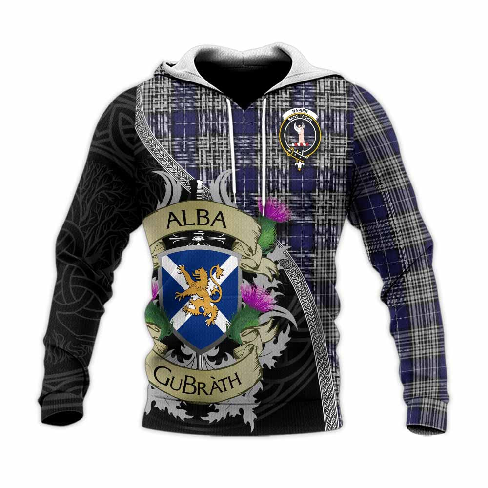 Tartan Vibes Clothing Napier Tartan Family Crest Knitted Hoodie Lion Rampant Royal Thistle Shield Celtic Inspired