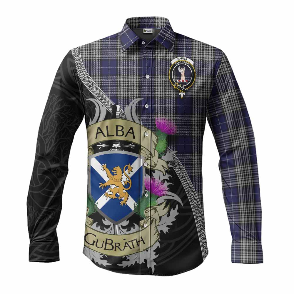 Tartan Vibes Clothing Napier Tartan Family Crest Long Sleeve Button Shirt Lion Rampant Royal Thistle Shield Celtic Inspired