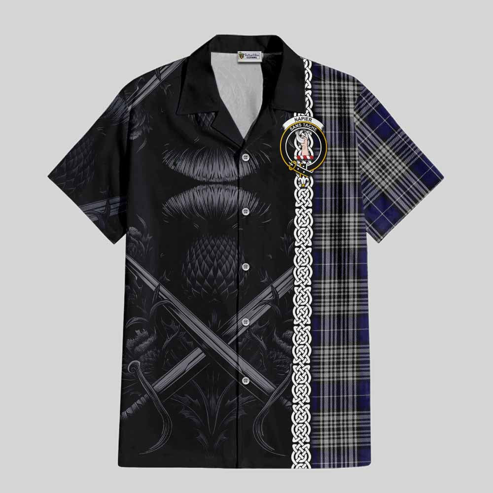 Tartan Vibes Clothing Napier Tartan Short Sleeve Button Shirt with Family Crest Cross Sword Thistle Celtic Vibes