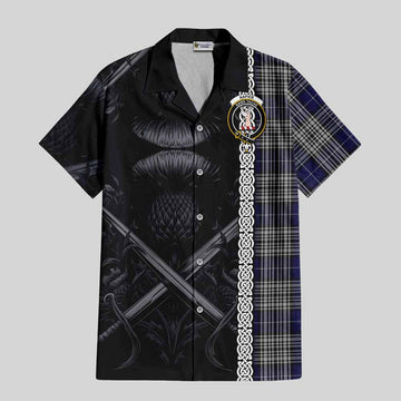 Tartan Vibes Clothing Napier Tartan Short Sleeve Button Shirt with Family Crest Cross Sword Thistle Celtic Vibes