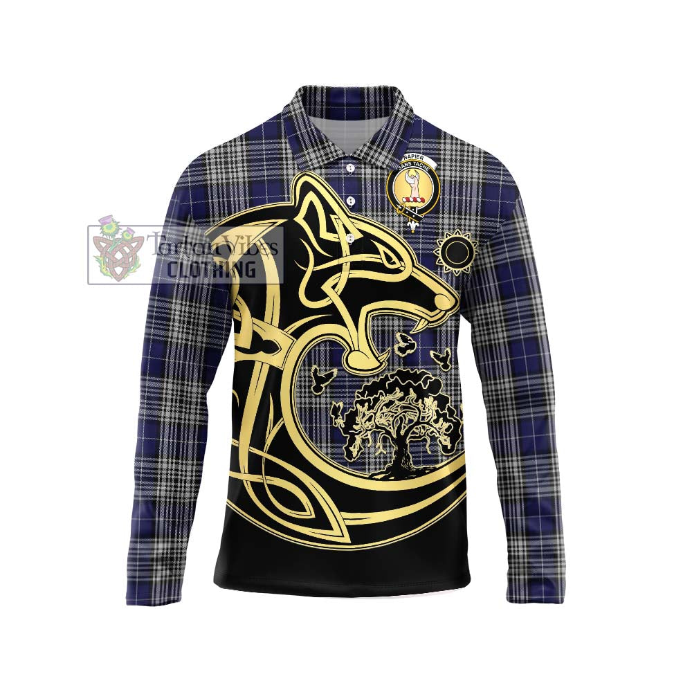 Napier Tartan Long Sleeve Polo Shirt with Family Crest Celtic Wolf Style Unisex - Tartan Vibes Clothing
