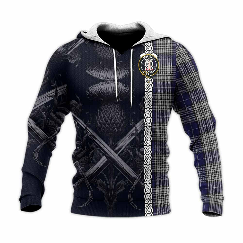 Tartan Vibes Clothing Napier Tartan Knitted Hoodie with Family Crest Cross Sword Thistle Celtic Vibes