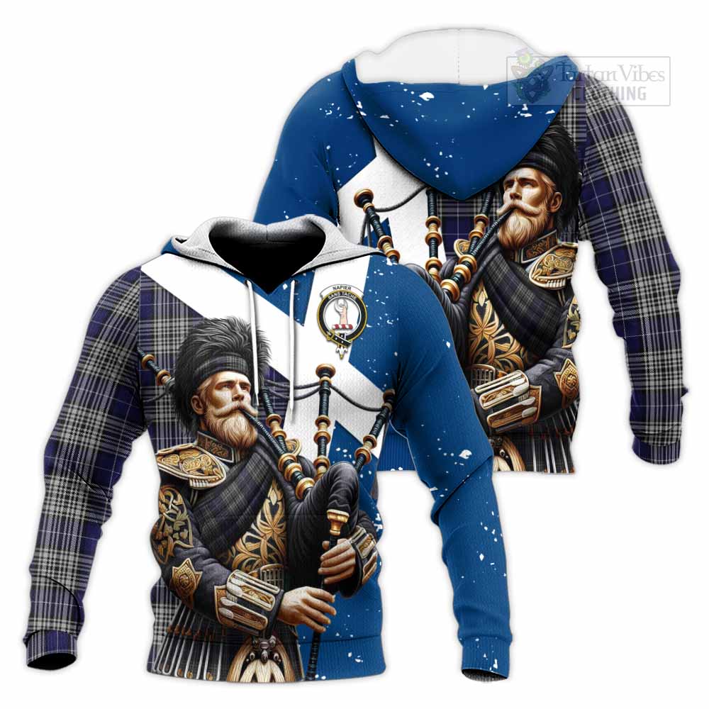 Tartan Vibes Clothing Napier Tartan Knitted Hoodie with Family Crest Scottish Bagpiper Vibes