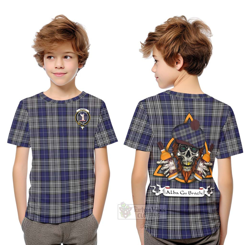 Tartan Vibes Clothing Napier Tartan Kid T-Shirt with Family Crest and Bearded Skull Holding Bottles of Whiskey