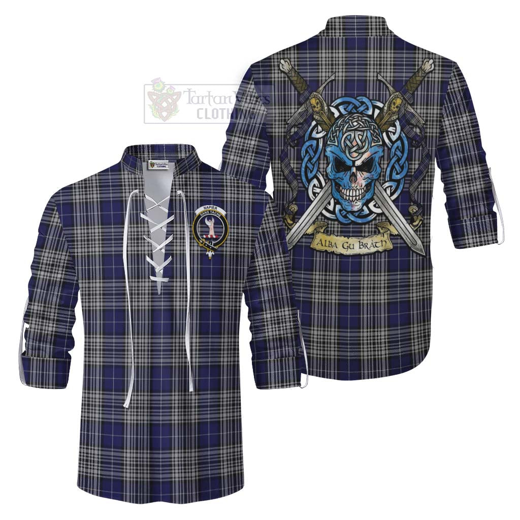 Tartan Vibes Clothing Napier Tartan Ghillie Kilt Shirt with Family Crest Celtic Skull Style