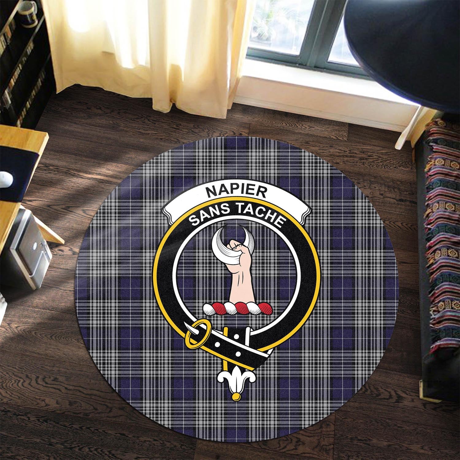 napier-tartan-round-rug-with-family-crest
