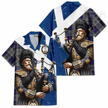 Tartan Vibes Clothing Napier Tartan Short Sleeve Button Shirt with Family Crest Scottish Bagpiper Vibes