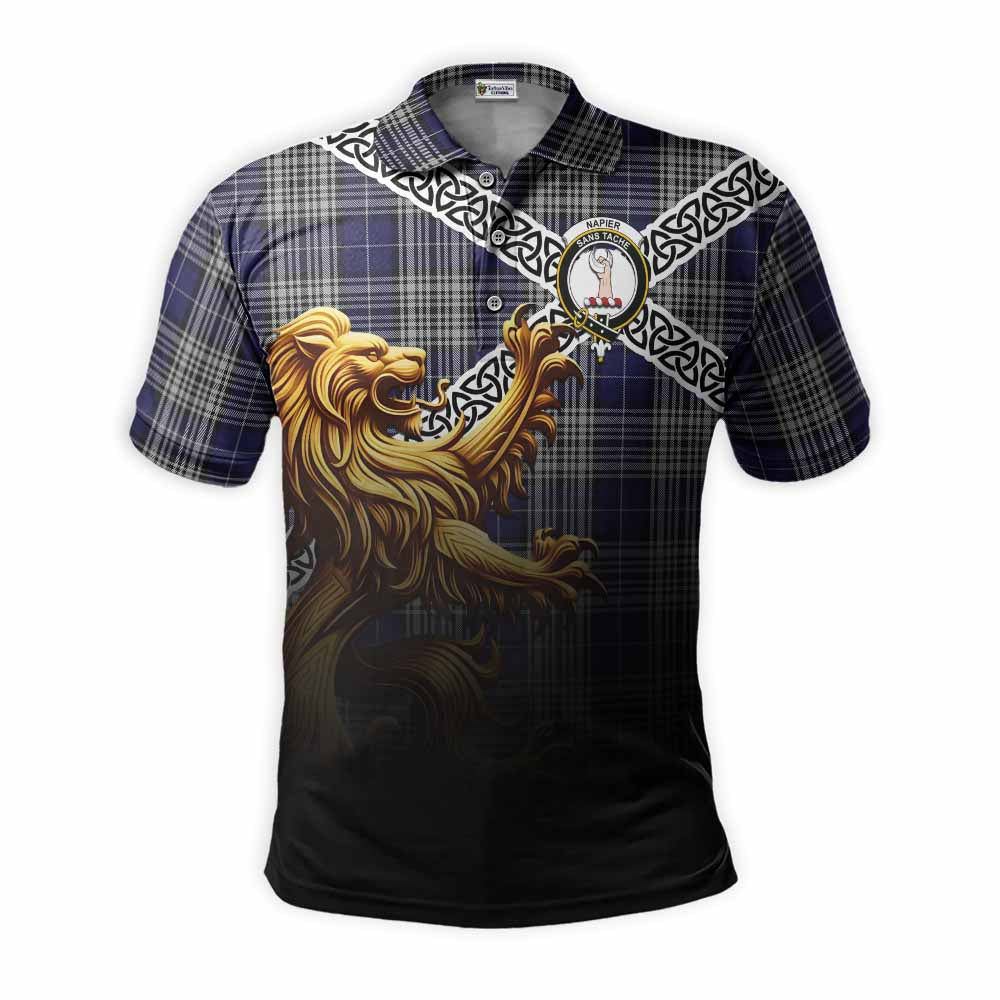 Tartan Vibes Clothing Napier Crest Tartan Polo Shirt with Golden Lion Emblem Celtic Style