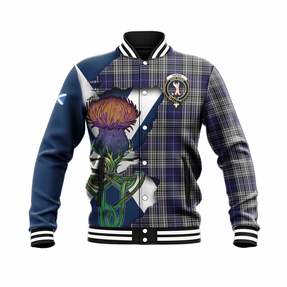 Tartan Vibes Clothing Napier Tartan Family Crest Baseball Jacket Scottish Thistle Celtic Inspired