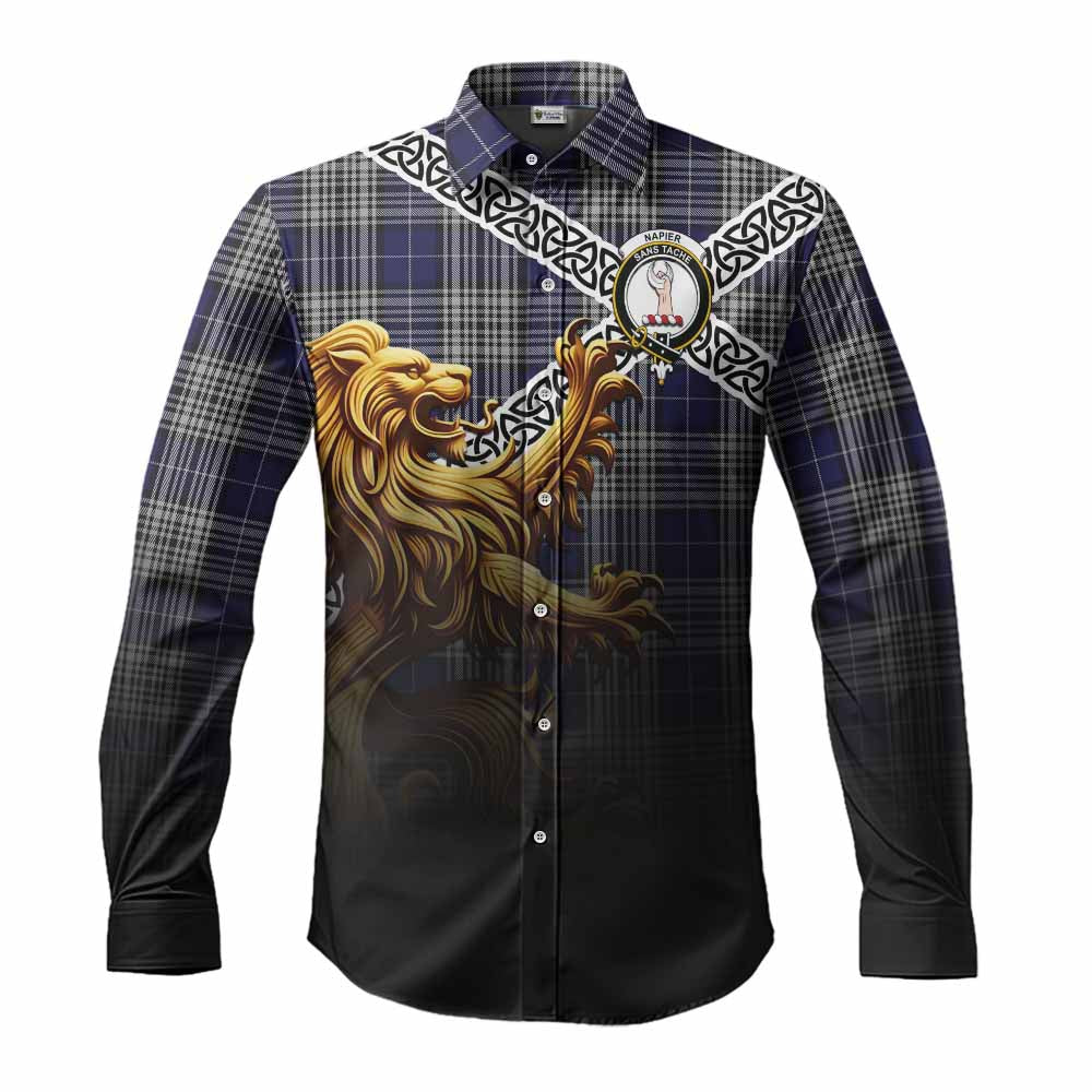 Tartan Vibes Clothing Napier Crest Tartan Long Sleeve Button Shirt with Golden Lion Emblem Celtic Style