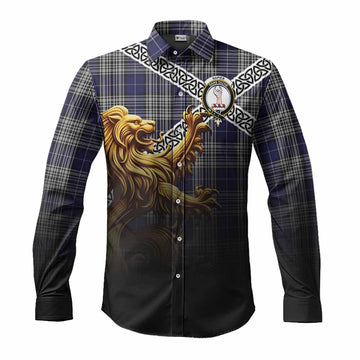 Napier Crest Tartan Long Sleeve Button Shirt with Golden Lion Emblem Celtic Style