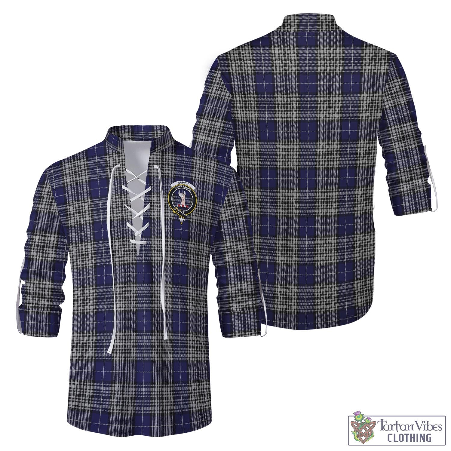 Tartan Vibes Clothing Napier Tartan Men's Scottish Traditional Jacobite Ghillie Kilt Shirt with Family Crest