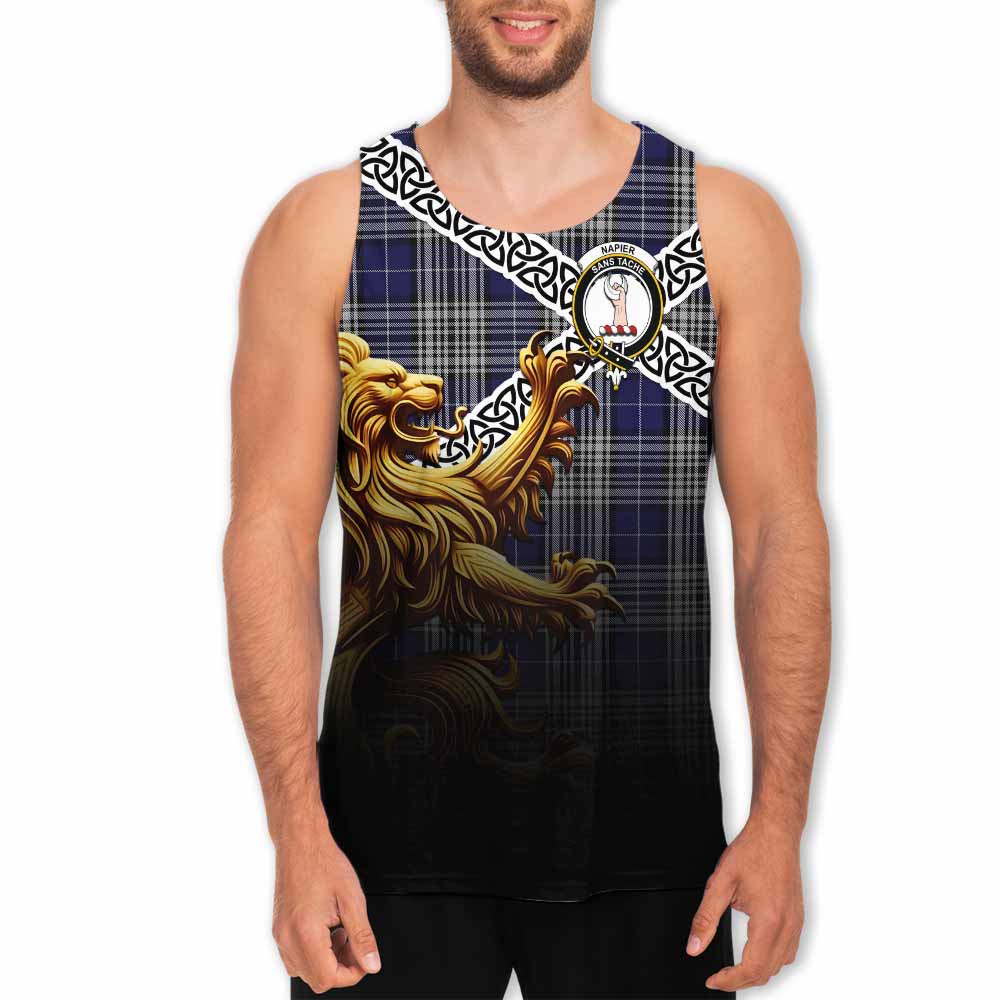 Tartan Vibes Clothing Napier Crest Tartan Men's Tank Top with Golden Lion Emblem Celtic Style