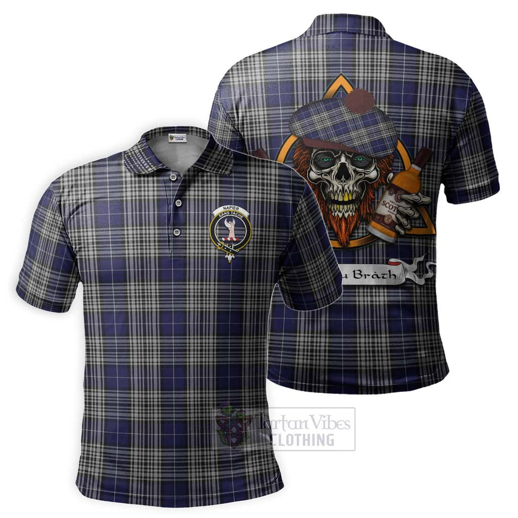 Tartan Vibes Clothing Napier Tartan Polo Shirt with Family Crest and Bearded Skull Holding Bottles of Whiskey