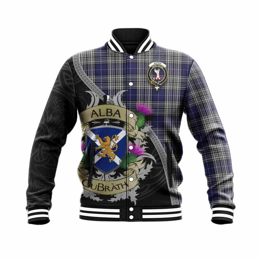 Tartan Vibes Clothing Napier Tartan Family Crest Baseball Jacket Lion Rampant Royal Thistle Shield Celtic Inspired