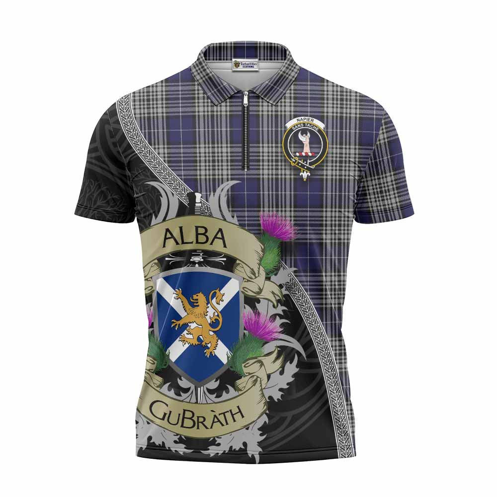Tartan Vibes Clothing Napier Tartan Family Crest Zipper Polo Shirt Lion Rampant Royal Thistle Shield Celtic Inspired