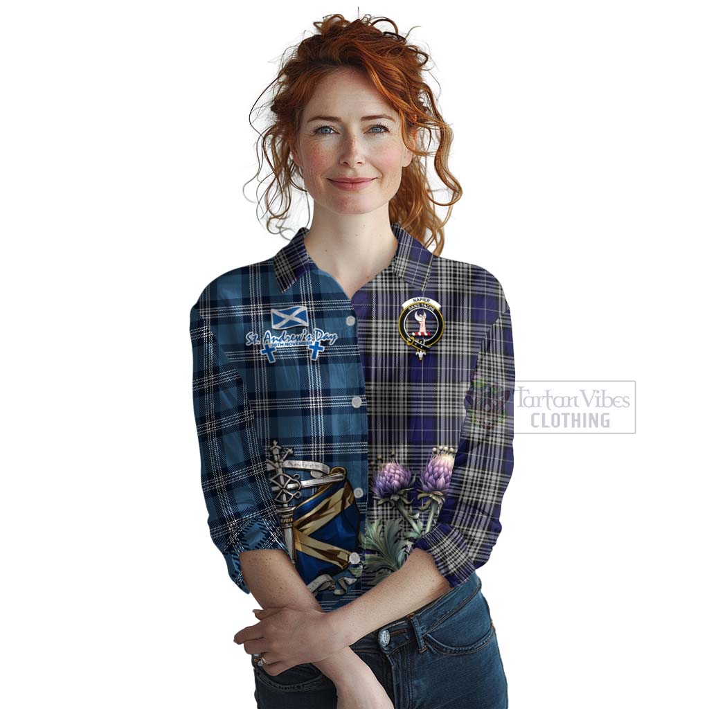 Tartan Vibes Clothing Napier Tartan Women's Casual Shirt Happy St. Andrew's Day Half Tartan Style