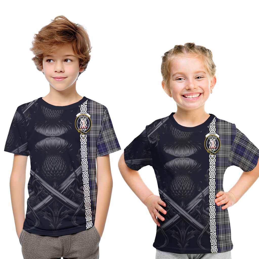 Tartan Vibes Clothing Napier Tartan Kid T-Shirt with Family Crest Cross Sword Thistle Celtic Vibes