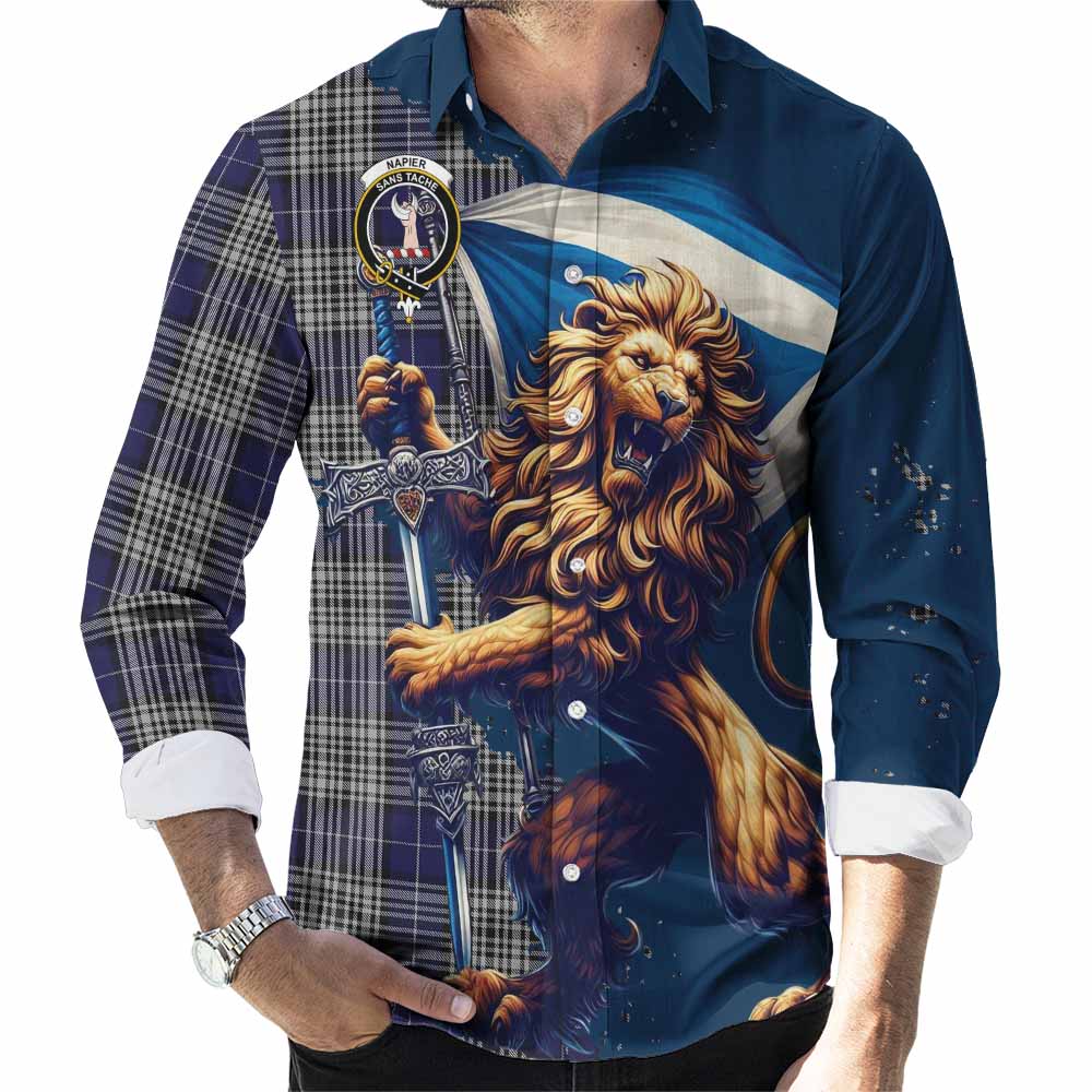 Tartan Vibes Clothing Napier Tartan Family Crest Long Sleeve Button Shirt with Scottish Majestic Lion