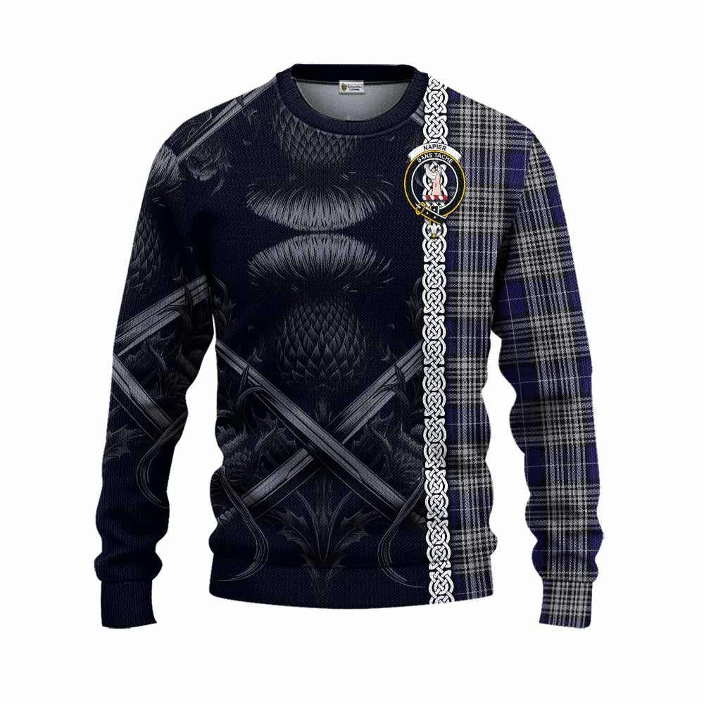 Tartan Vibes Clothing Napier Tartan Knitted Sweater with Family Crest Cross Sword Thistle Celtic Vibes