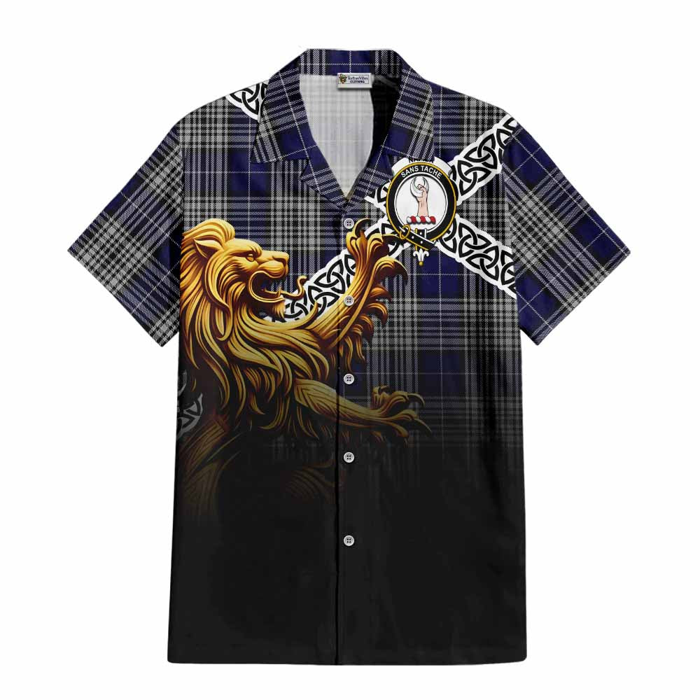 Tartan Vibes Clothing Napier Crest Tartan Short Sleeve Button Shirt with Golden Lion Emblem Celtic Style
