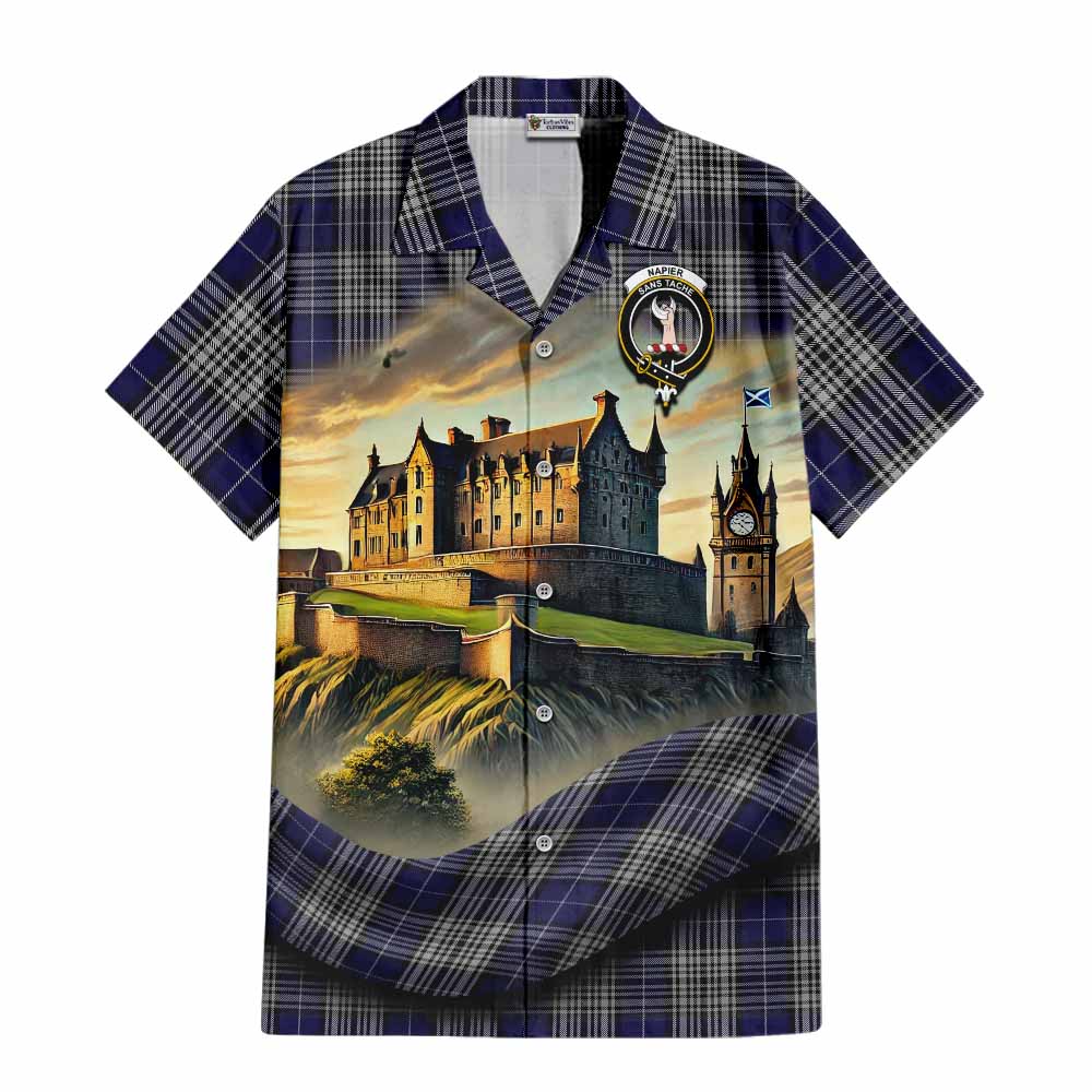 Tartan Vibes Clothing Napier Tartan Family Crest Short Sleeve Button Shirt with Scottish Ancient Castle Style