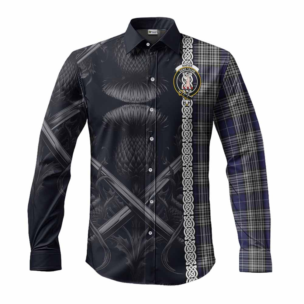 Tartan Vibes Clothing Napier Tartan Long Sleeve Button Shirt with Family Crest Cross Sword Thistle Celtic Vibes