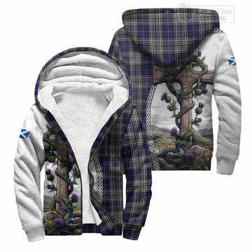 Tartan Vibes Clothing Napier Tartan Sherpa Hoodie with Family Crest and St. Andrew's Cross Accented by Thistle Vines