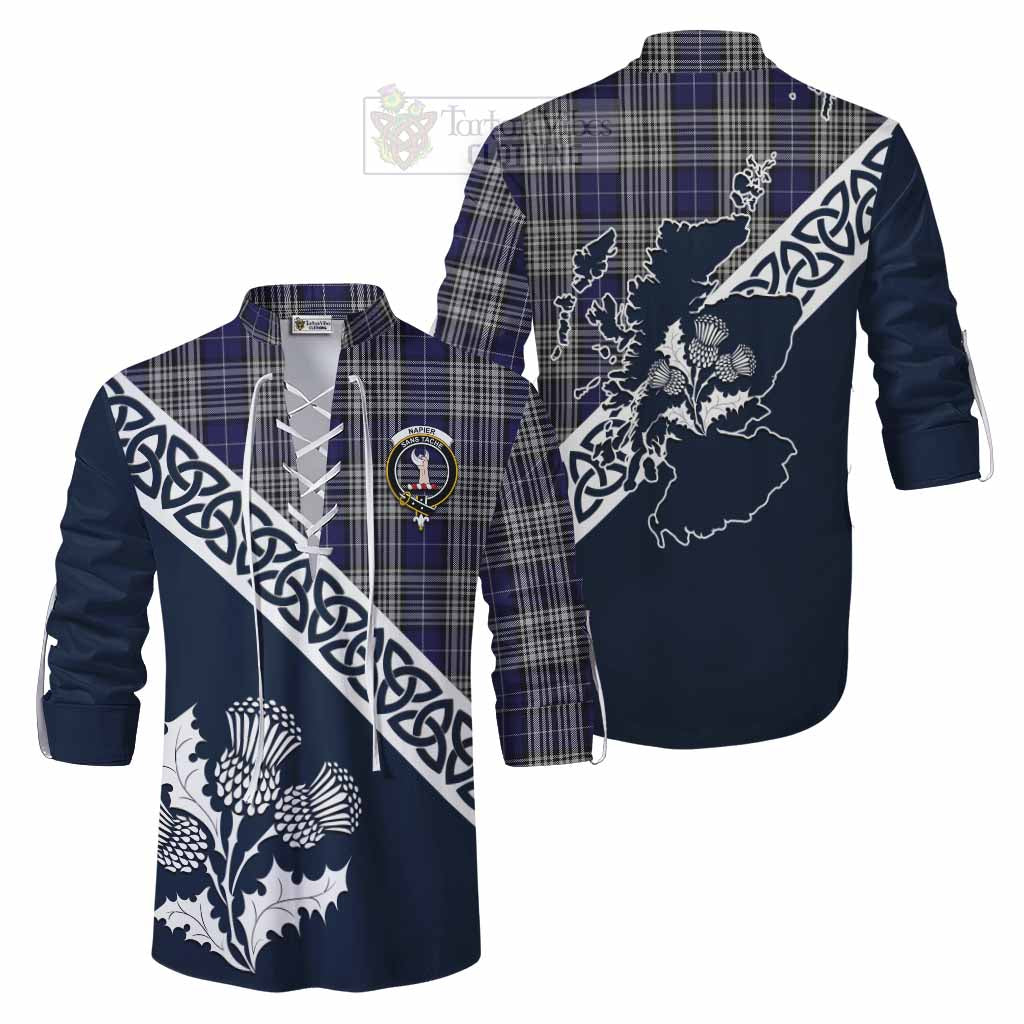 Tartan Vibes Clothing Napier Tartan Ghillie Kilt Shirt Featuring Thistle and Scotland Map