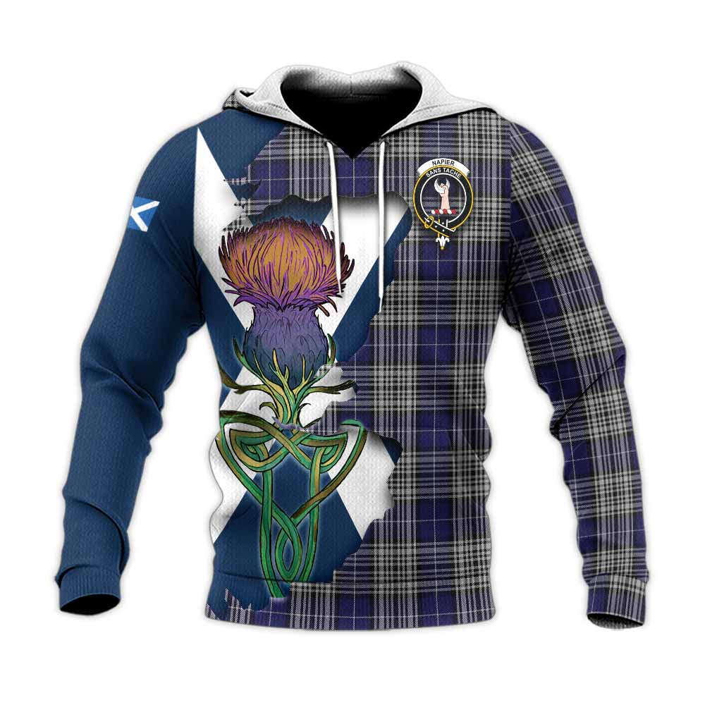 Tartan Vibes Clothing Napier Tartan Family Crest Knitted Hoodie Scottish Thistle Celtic Inspired