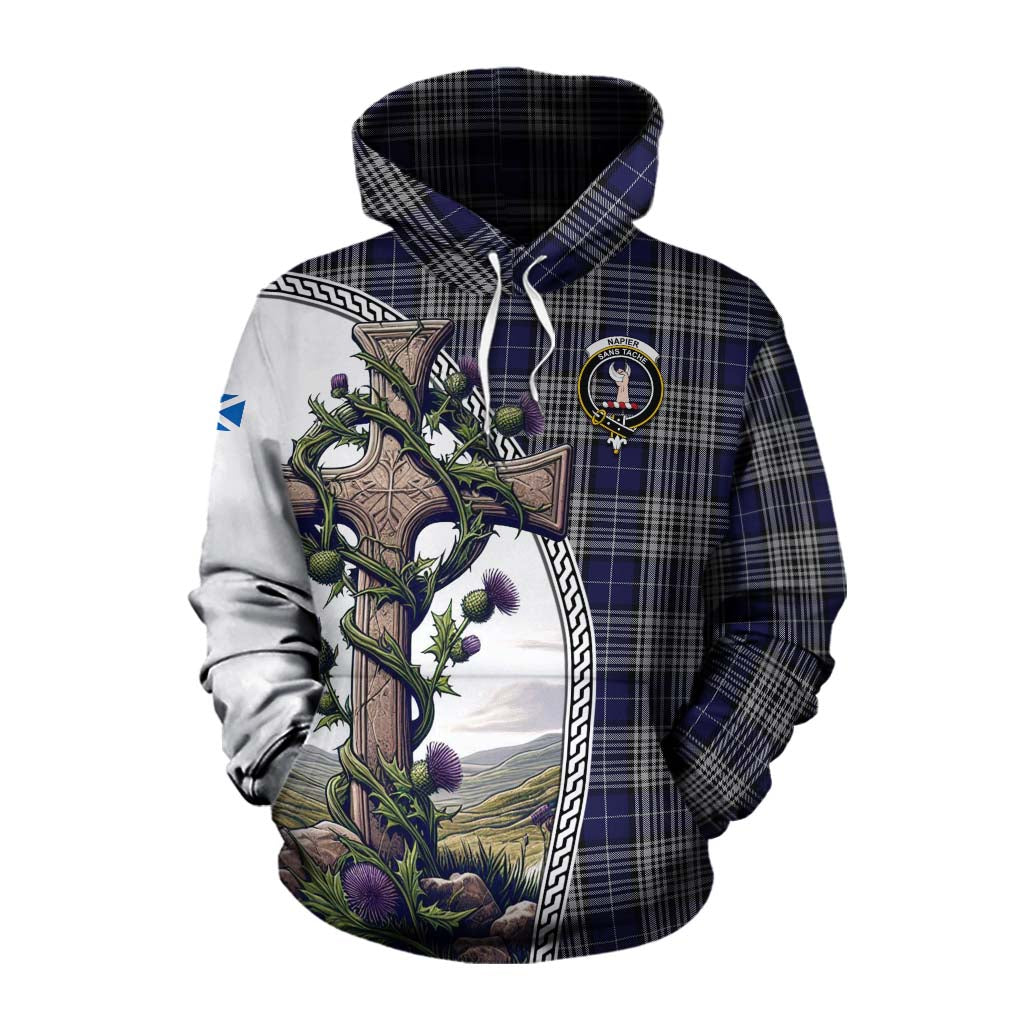 Tartan Vibes Clothing Napier Tartan Cotton Hoodie with Family Crest and St. Andrew's Cross Accented by Thistle Vines