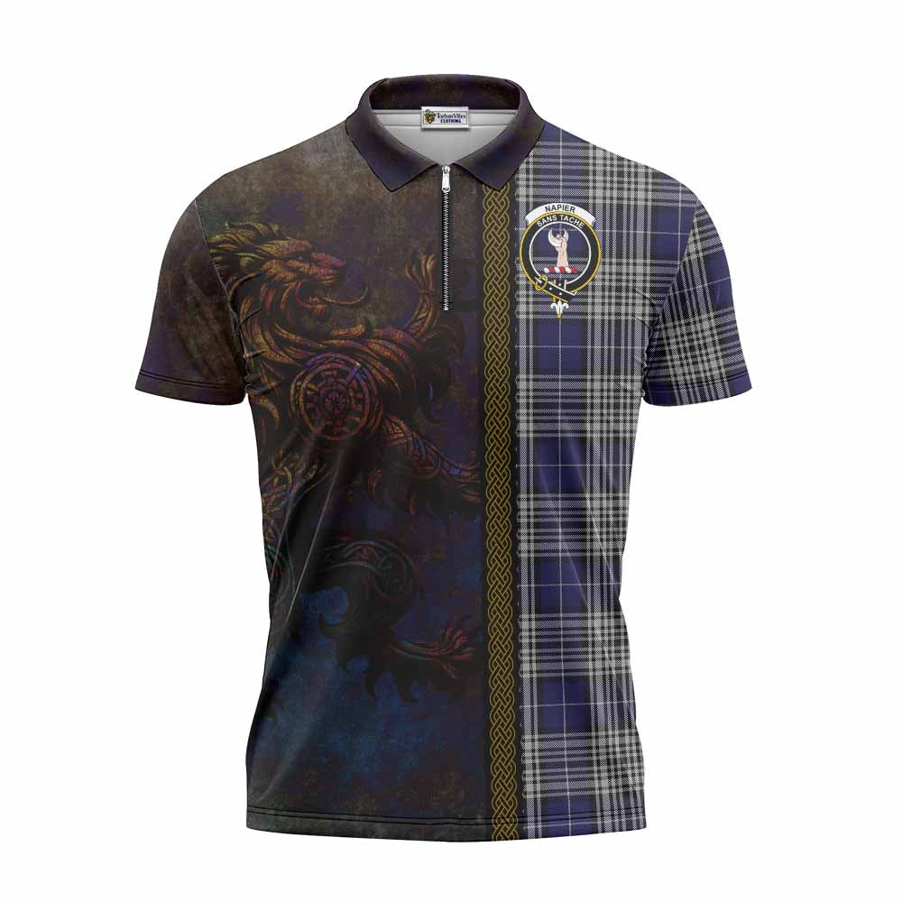 Tartan Vibes Clothing Napier Tartan Family Crest Zipper Polo Shirt Alba Gu Brath Be Brave Lion Ancient Style