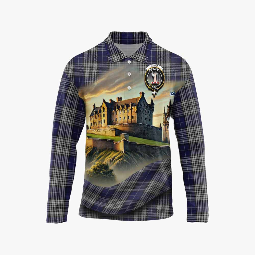 Tartan Vibes Clothing Napier Tartan Family Crest Long Sleeve Polo Shirt with Scottish Ancient Castle Style