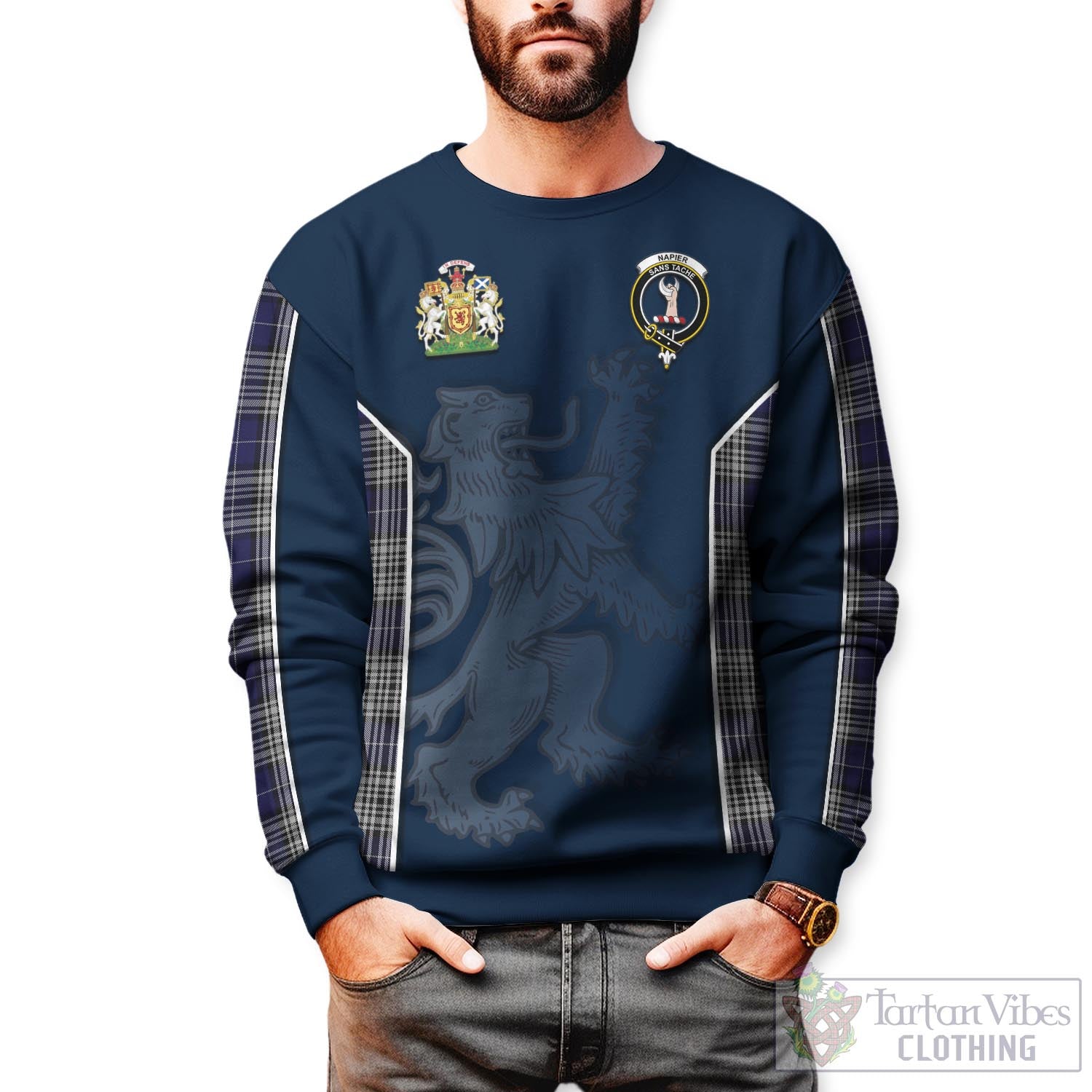 Tartan Vibes Clothing Napier Tartan Sweater with Family Crest and Lion Rampant Vibes Sport Style