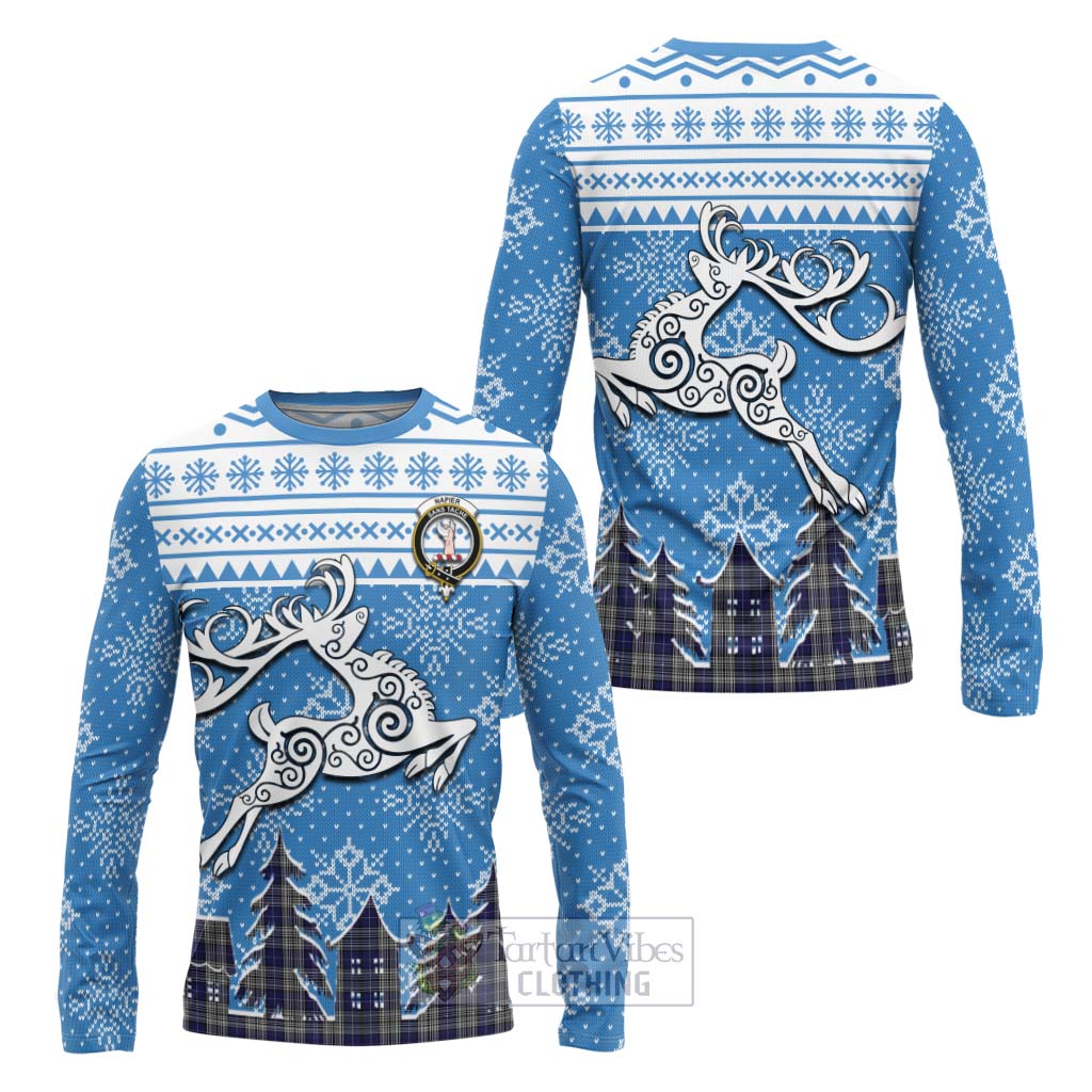 Tartan Vibes Clothing Napier Clan Christmas Long Sleeve T-Shirt Celtic Reindeer Style