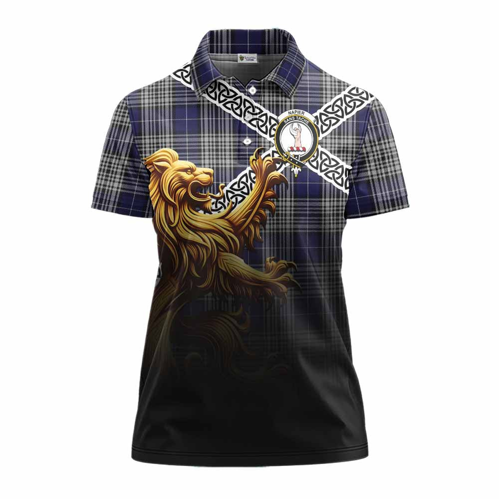 Tartan Vibes Clothing Napier Crest Tartan Women's Polo Shirt with Golden Lion Emblem Celtic Style