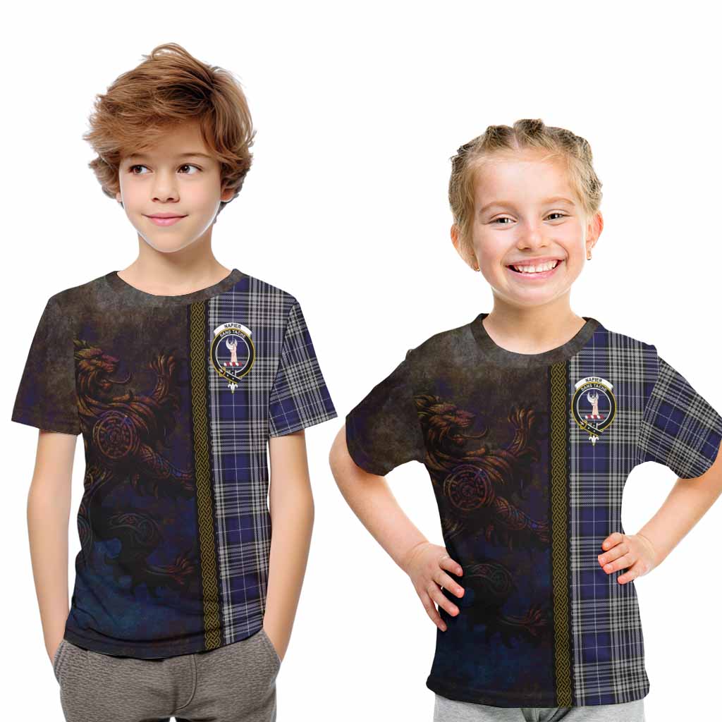 Tartan Vibes Clothing Napier Tartan Family Crest Kid T-Shirt Alba Gu Brath Be Brave Lion Ancient Style
