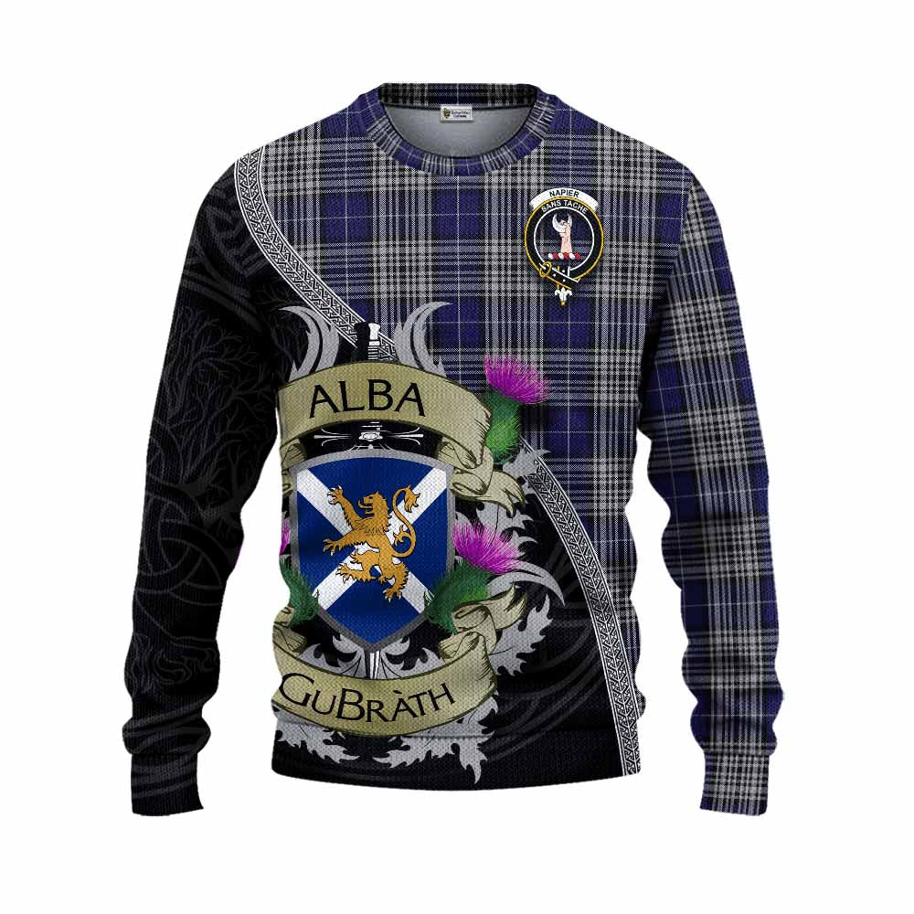 Tartan Vibes Clothing Napier Tartan Family Crest Knitted Sweater Lion Rampant Royal Thistle Shield Celtic Inspired