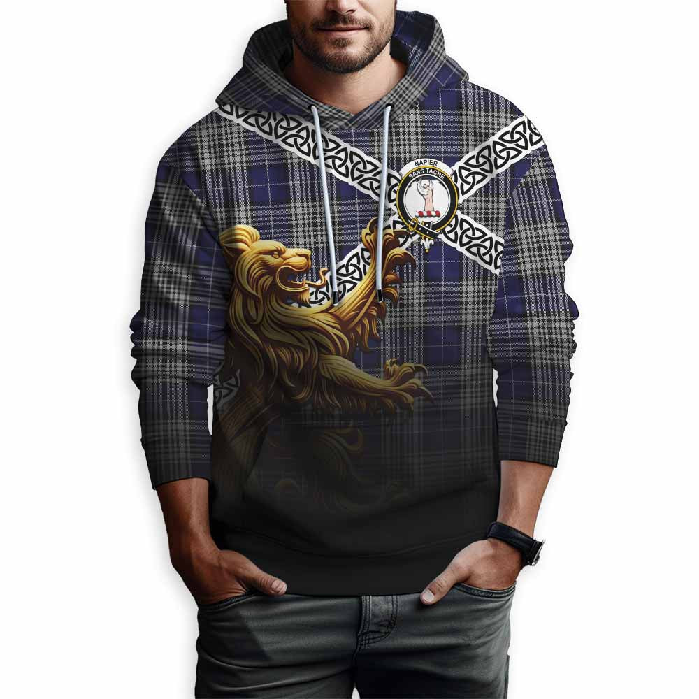 Tartan Vibes Clothing Napier Crest Tartan Hoodie with Golden Lion Emblem Celtic Style