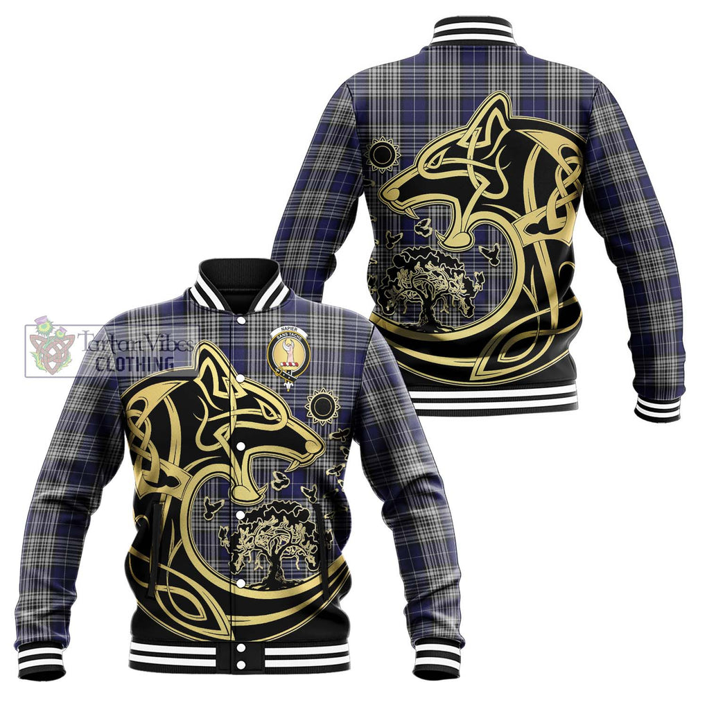 Napier Tartan Baseball Jacket with Family Crest Celtic Wolf Style Unisex - Tartan Vibes Clothing