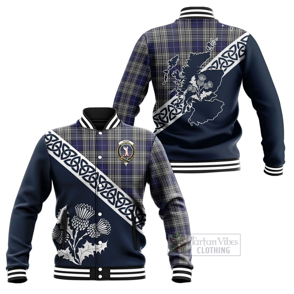 Tartan Vibes Clothing Napier Tartan Baseball Jacket Featuring Thistle and Scotland Map