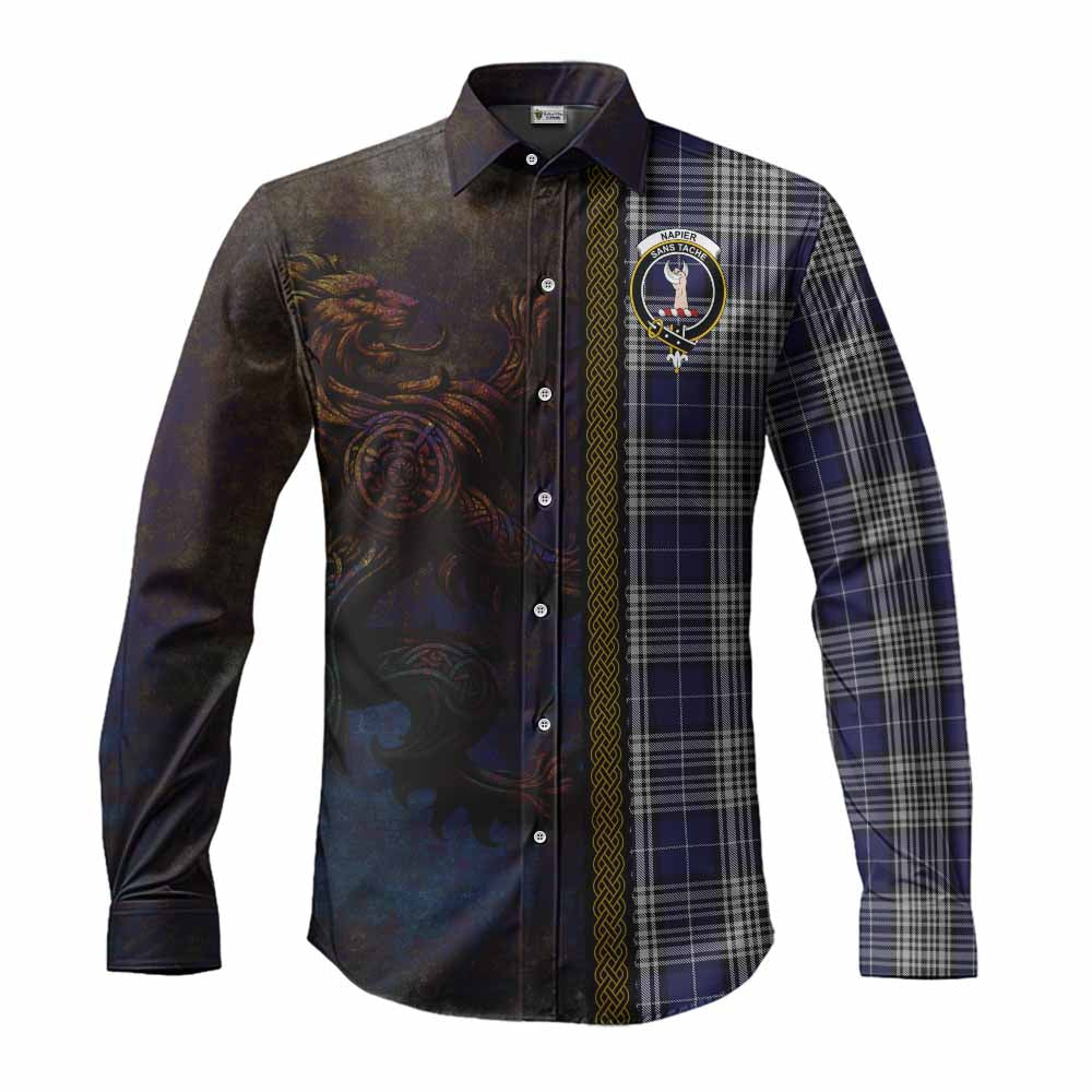 Tartan Vibes Clothing Napier Tartan Family Crest Long Sleeve Button Shirt Alba Gu Brath Be Brave Lion Ancient Style