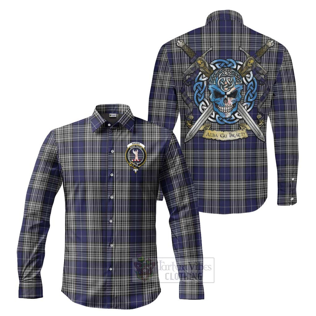 Tartan Vibes Clothing Napier Tartan Long Sleeve Button Shirt with Family Crest Celtic Skull Style