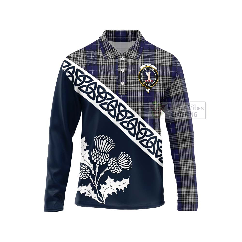 Napier Tartan Long Sleeve Polo Shirt Featuring Thistle and Scotland Map Unisex - Tartan Vibes Clothing