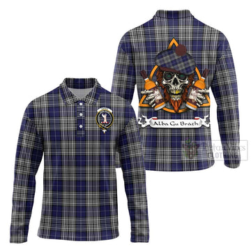 Napier Tartan Long Sleeve Polo Shirt with Family Crest and Bearded Skull Holding Bottles of Whiskey Unisex - Tartan Vibes Clothing