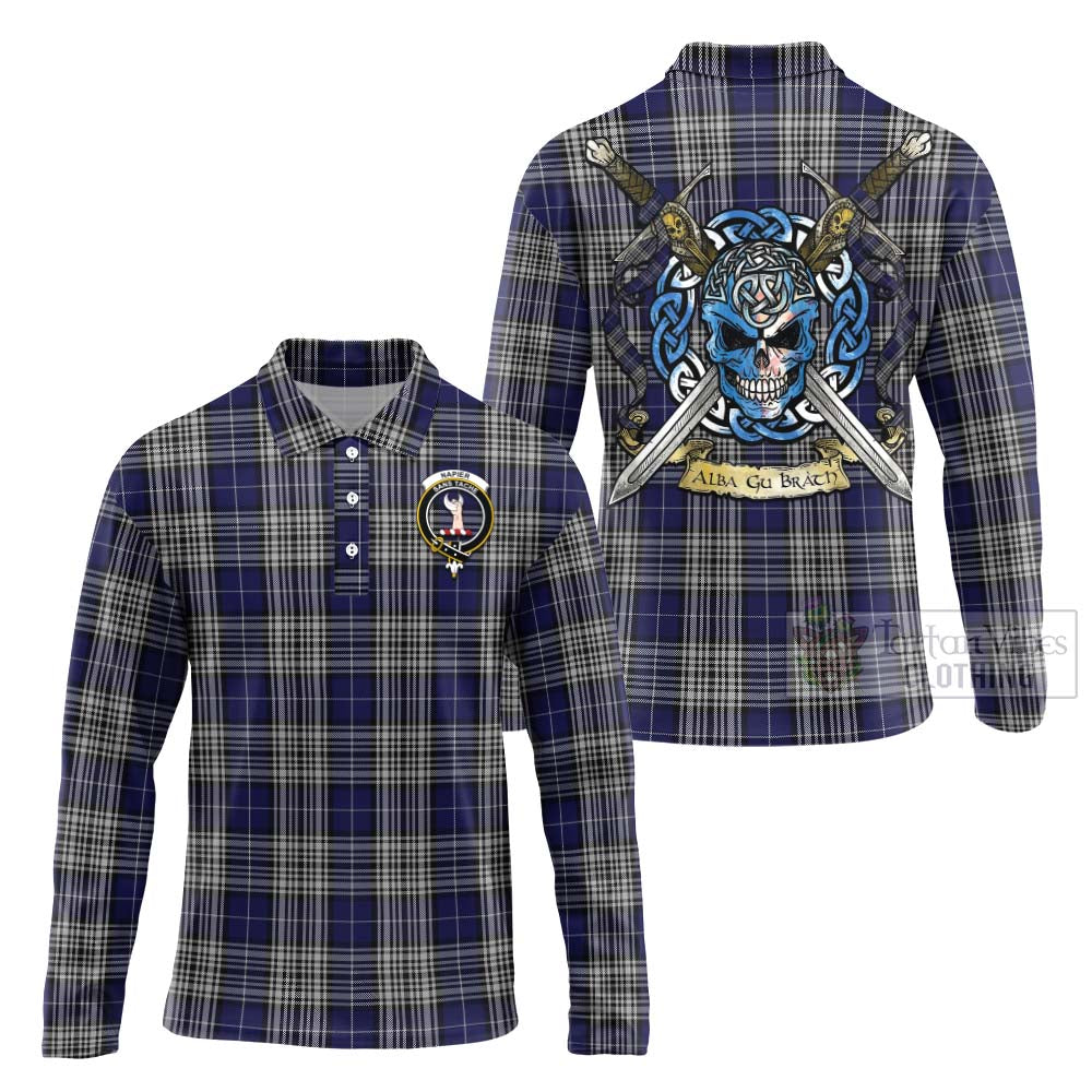 Napier Tartan Long Sleeve Polo Shirt with Family Crest Celtic Skull Style Unisex - Tartan Vibes Clothing