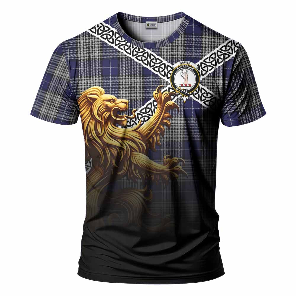 Tartan Vibes Clothing Napier Crest Tartan T-Shirt with Golden Lion Emblem Celtic Style