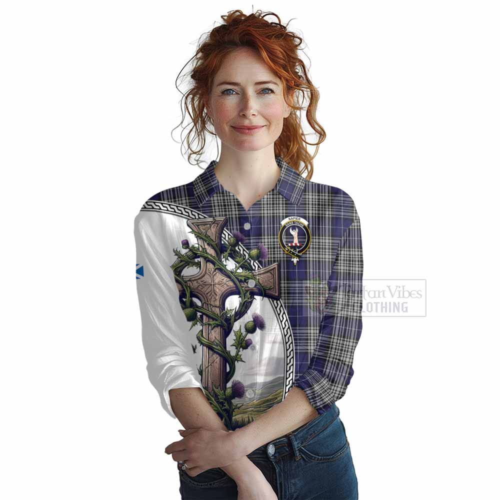 Tartan Vibes Clothing Napier Tartan Women's Casual Shirt with Family Crest and St. Andrew's Cross Accented by Thistle Vines