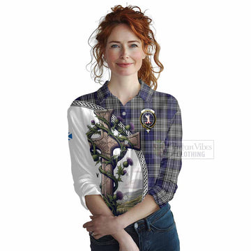 Tartan Vibes Clothing Napier Tartan Women's Casual Shirt with Family Crest and St. Andrew's Cross Accented by Thistle Vines