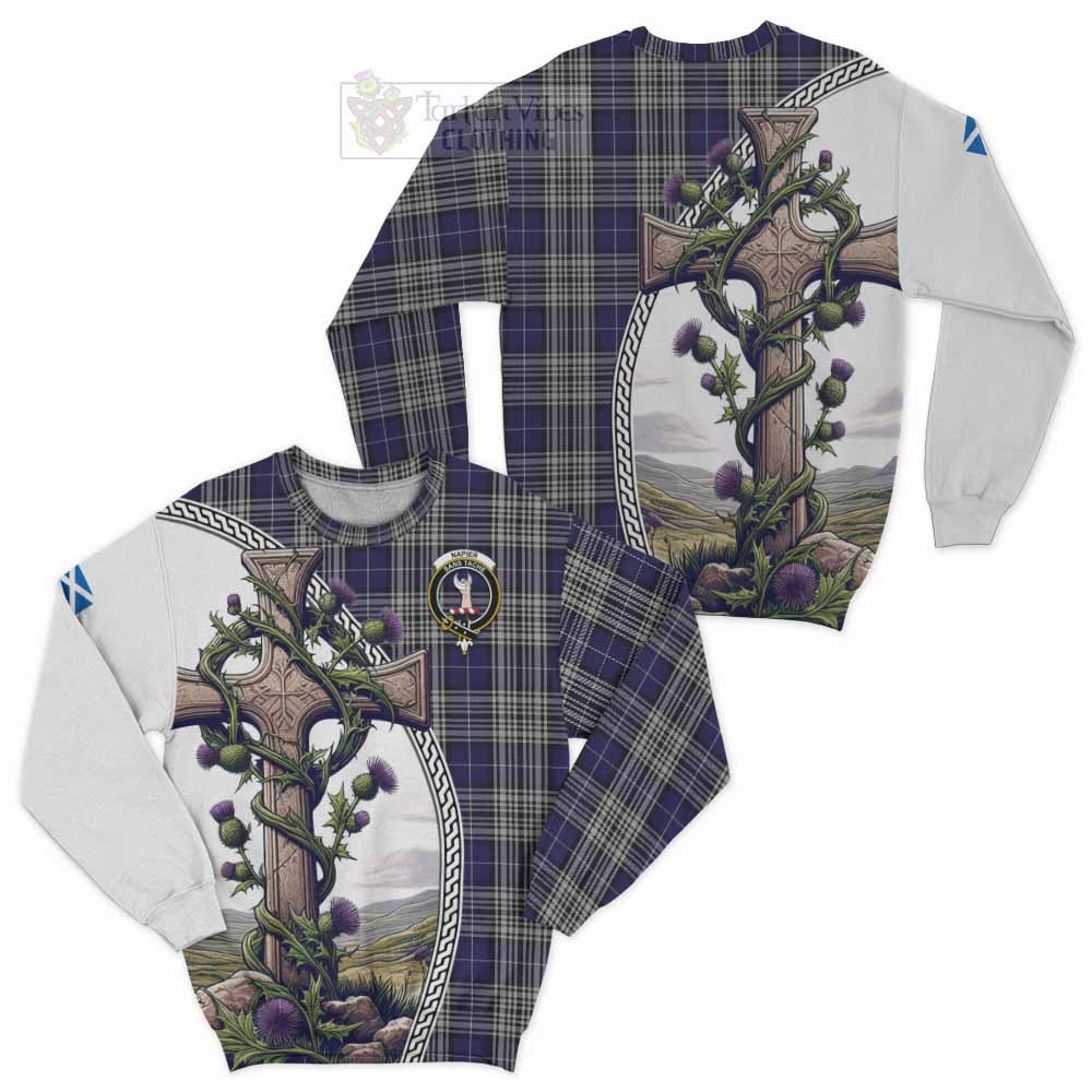 Tartan Vibes Clothing Napier Tartan Sweatshirt with Family Crest and St. Andrew's Cross Accented by Thistle Vines
